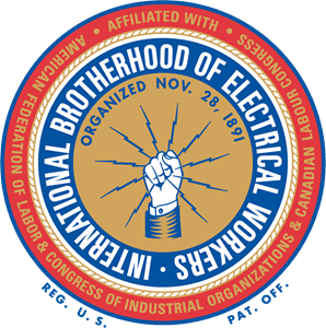 Circular emblem of the International Brotherhood of Electrical Workers, featuring a clenched fist holding lightning bolts in the center, surrounded by text indicating its organizational details.