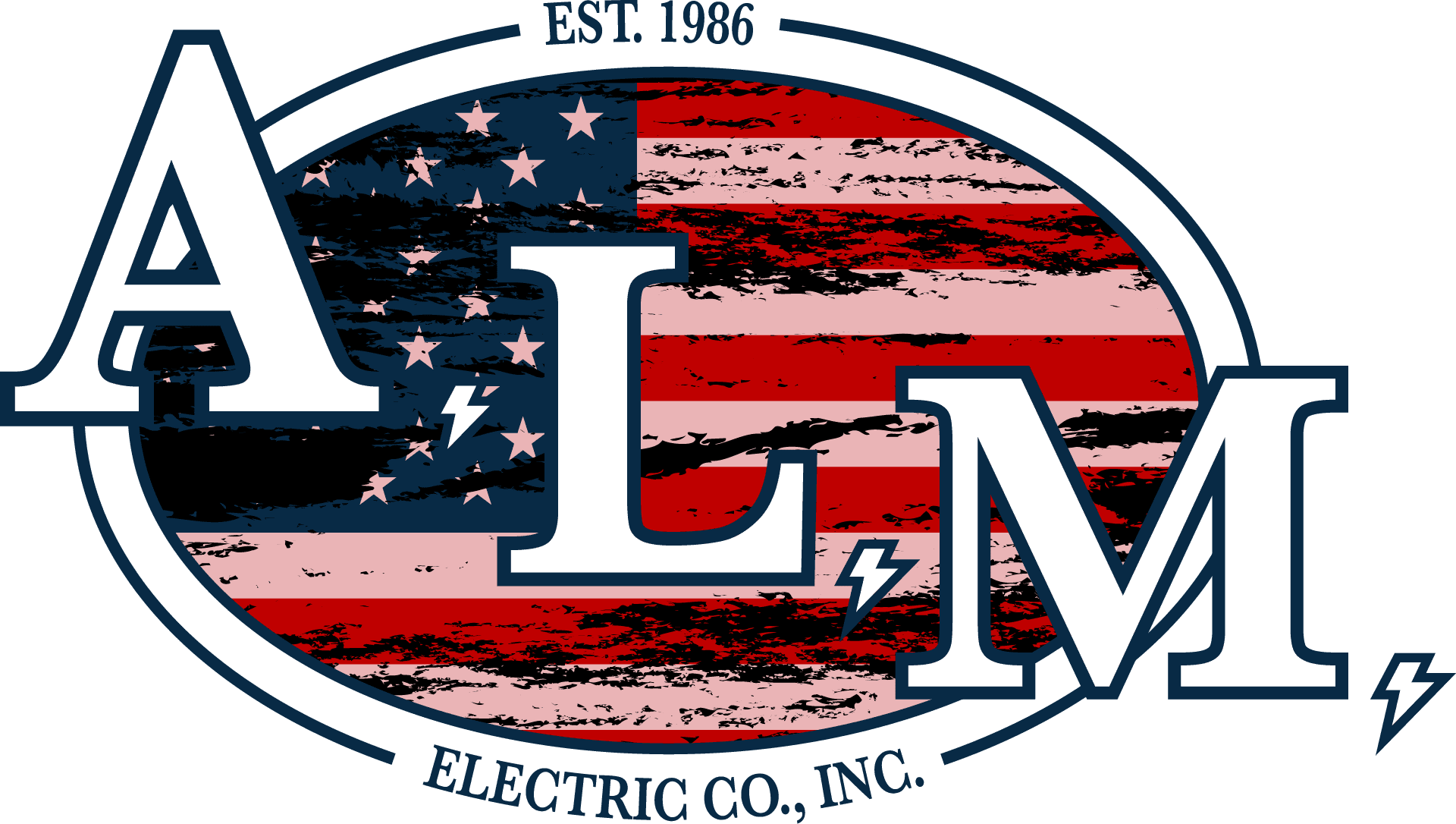Logo of ALM Electric Co., Inc. established in 1986, featuring the letters "A", "L", and "M" overlaying an American flag background.